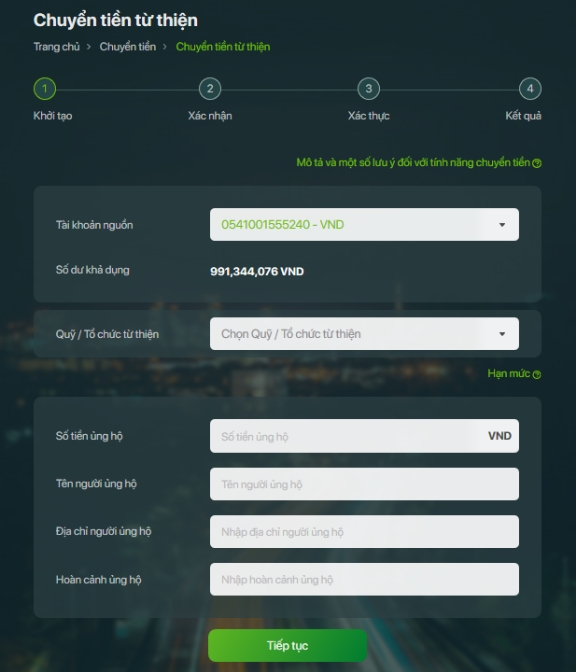 VCB Digibank hướng dẫn sử dụng phiên bản Web - Chuyển tiền từ thiện